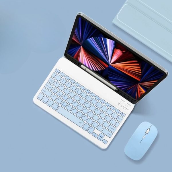 Blue Built-in Pen Slot Leather Case Bluetooth Keyboard & Mouse